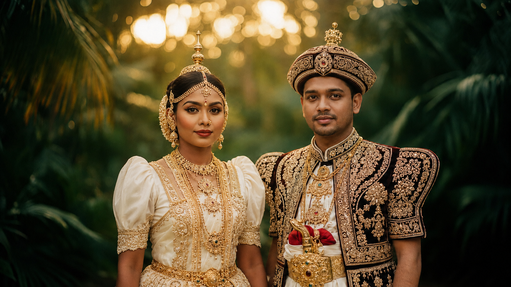 Sri Lankan Kandyan bride and groom in traditional attire